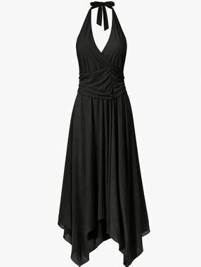 Ronni Nicole By Ouida Black Halter Tie-Back Faux Wrap Style Dress